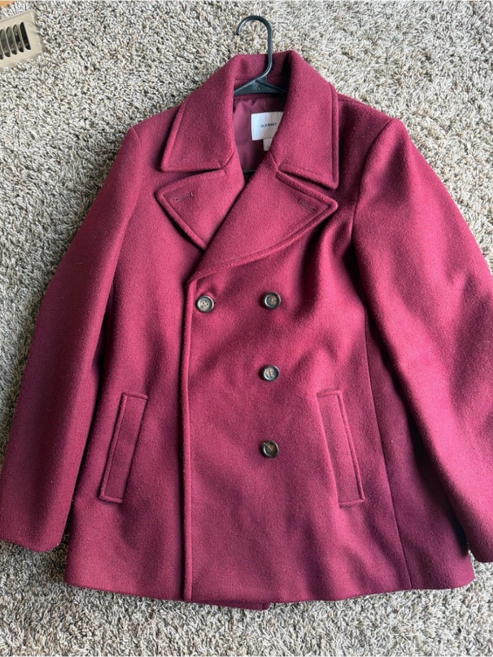 Women's Double-Breasted Wool Peacoat - Burgundy